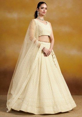 Off White Embroidered Georgette Lehenga Set With Dupatta