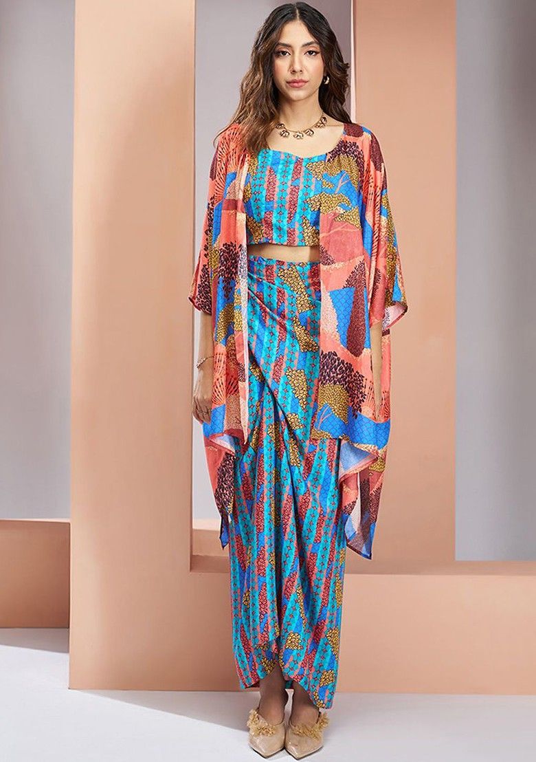 Orange Jacket Set With Printed Blouse And Pants