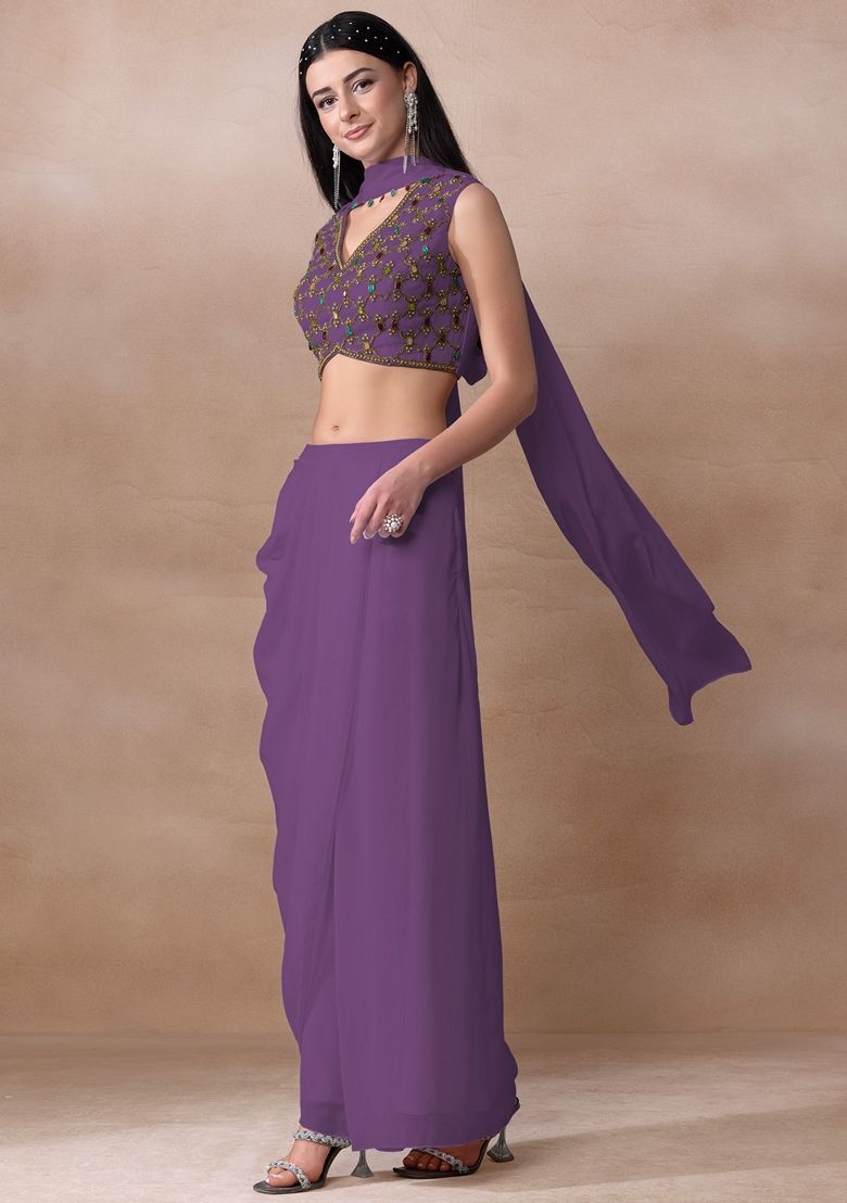 Bright Purple Bead Embellished Georgette Draped Skirt Set