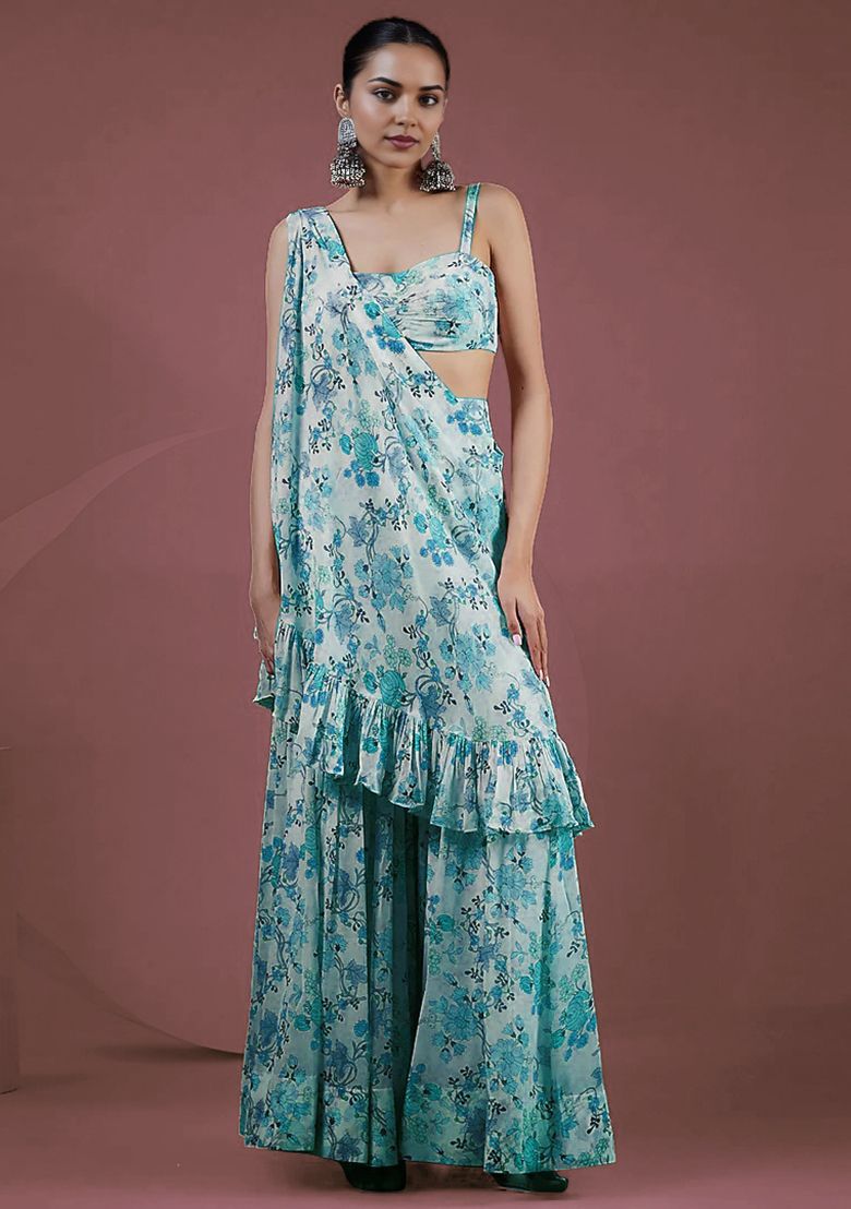 Blue Palazzo Set With Printed Blouse And Dupatta