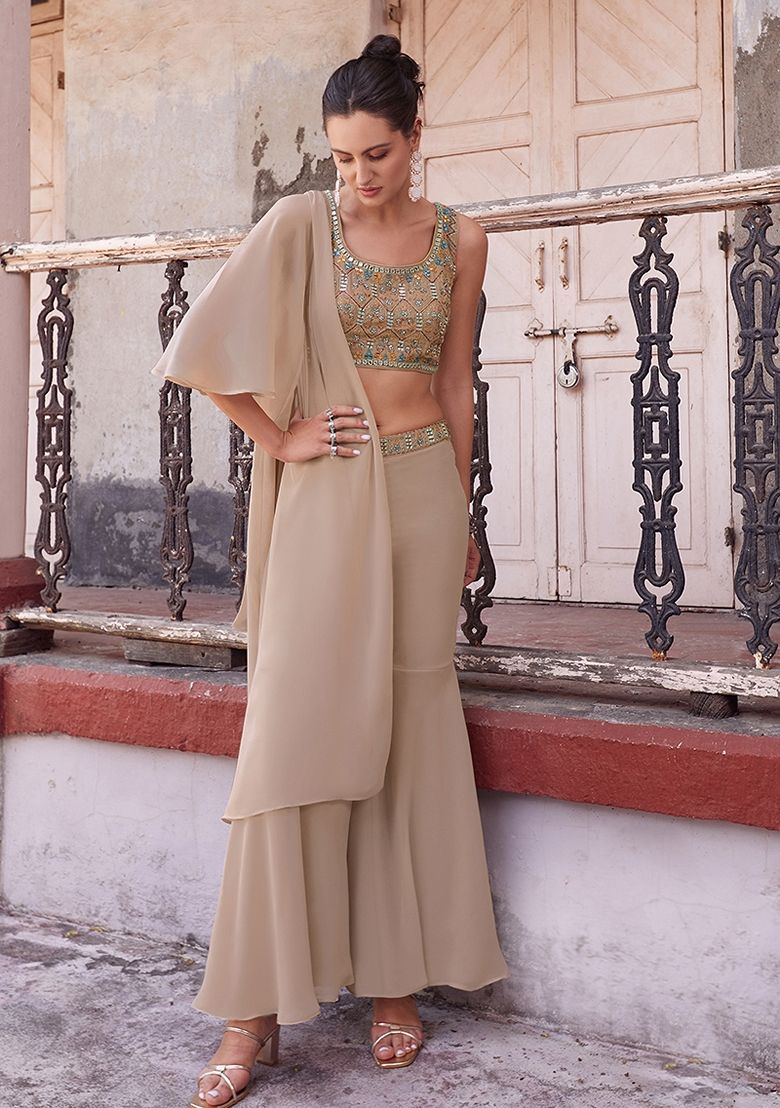 Chiku Brown Thread Embroidered Georgette Jacket Set