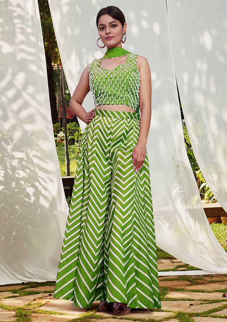 Green Skirt Set With Hand Embroidered Blouse and Dupatta