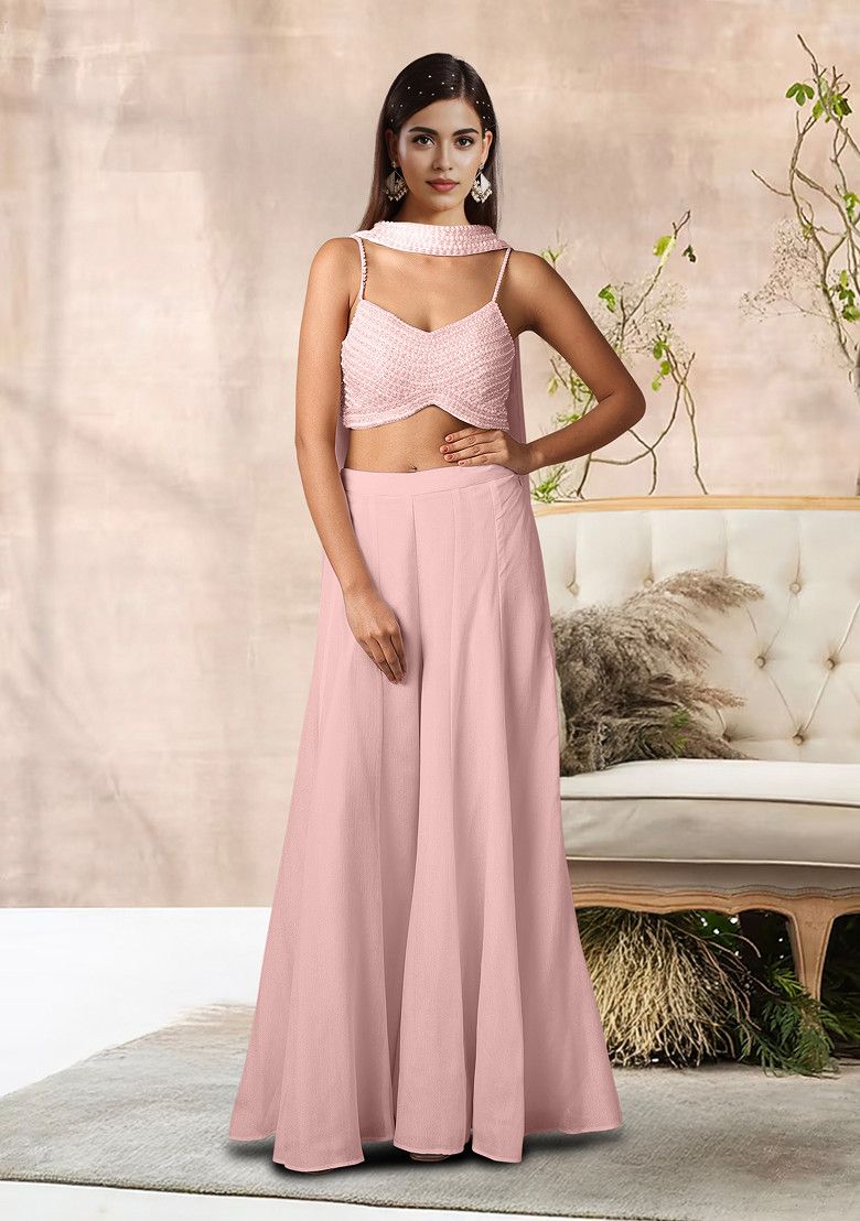Peach Palazzo Set With Hand Embroidered Blouse And Dupatta