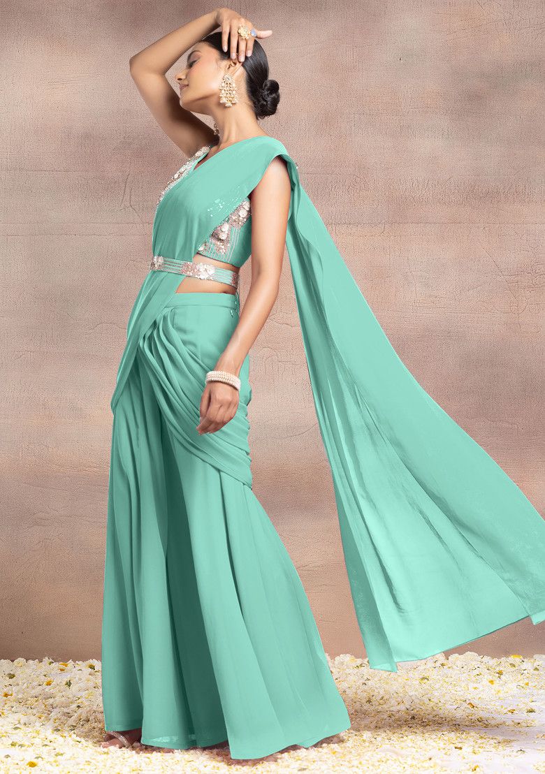 Sea Blue Draped Palazzo Set With Sequin Hand Embroidered Blouse And Belt