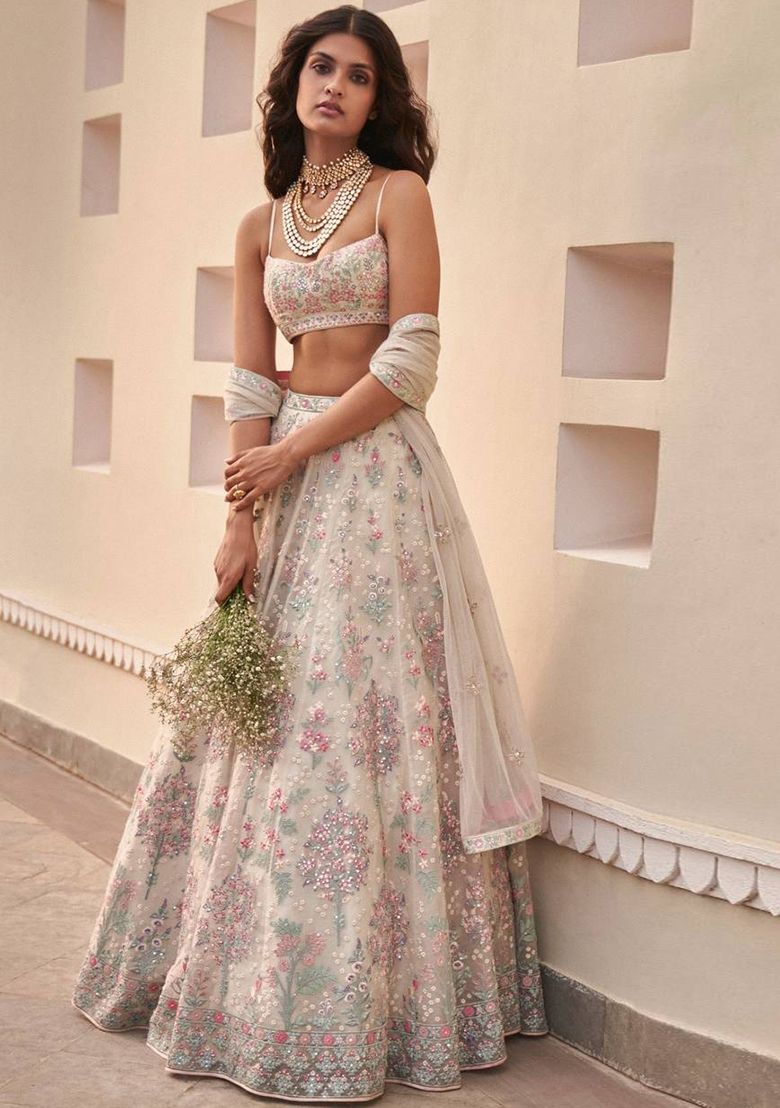 Cream Thread Embroidered Georgette Lehenga Set