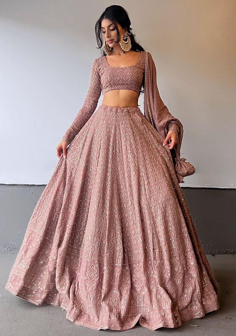Pink Rosy Brown Sequin Embroidered Georgette Lehenga Set