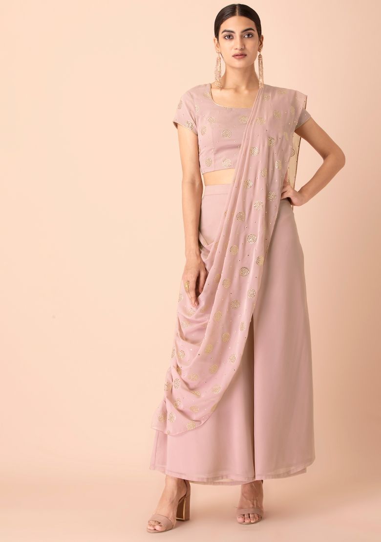 Blush Foil Palazzo Pants with Attached Dupatta