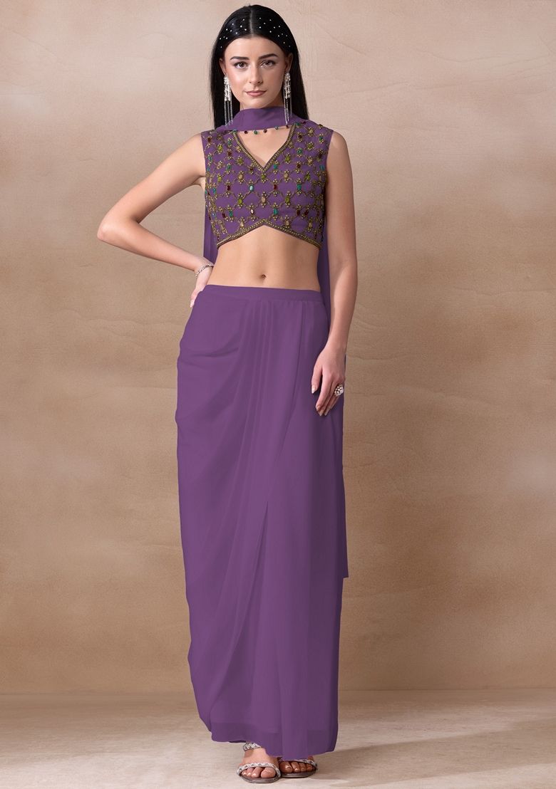Bright Purple Bead Embellished Georgette Draped Skirt Set