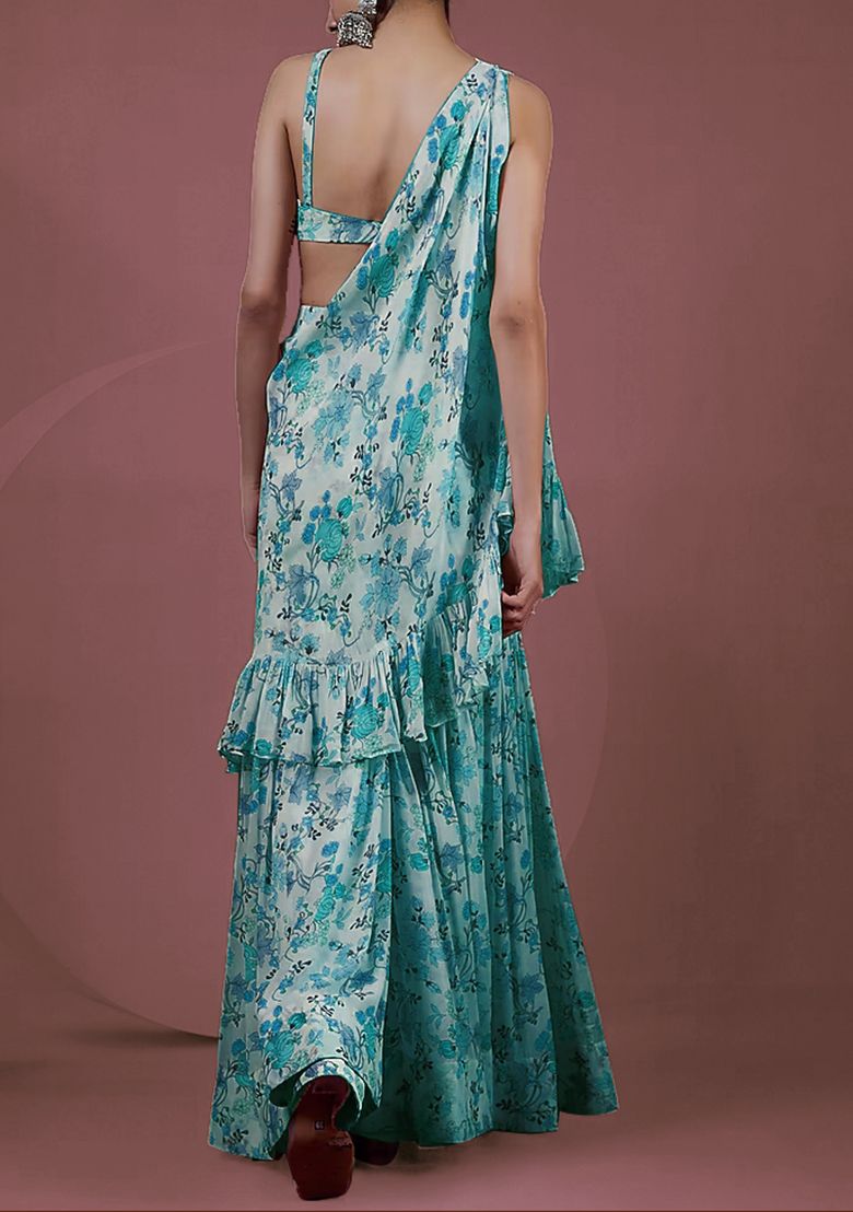 Blue Palazzo Set With Printed Blouse And Dupatta