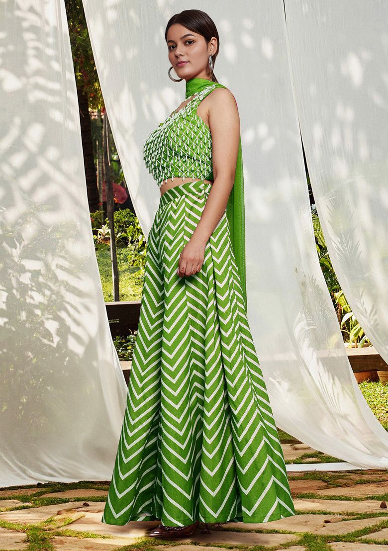 Green Skirt Set With Hand Embroidered Blouse and Dupatta