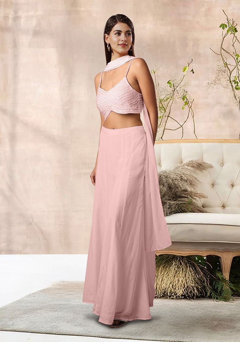 Peach Palazzo Set With Hand Embroidered Blouse And Dupatta