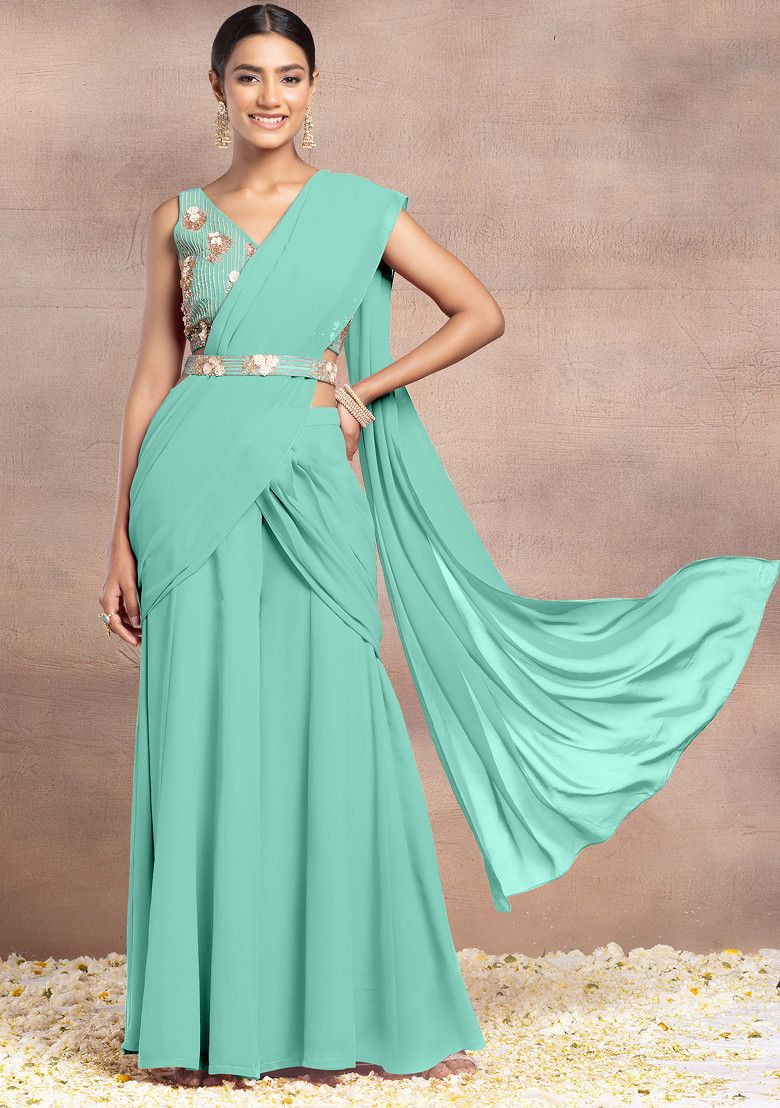 Sea Blue Draped Palazzo Set With Sequin Hand Embroidered Blouse And Belt