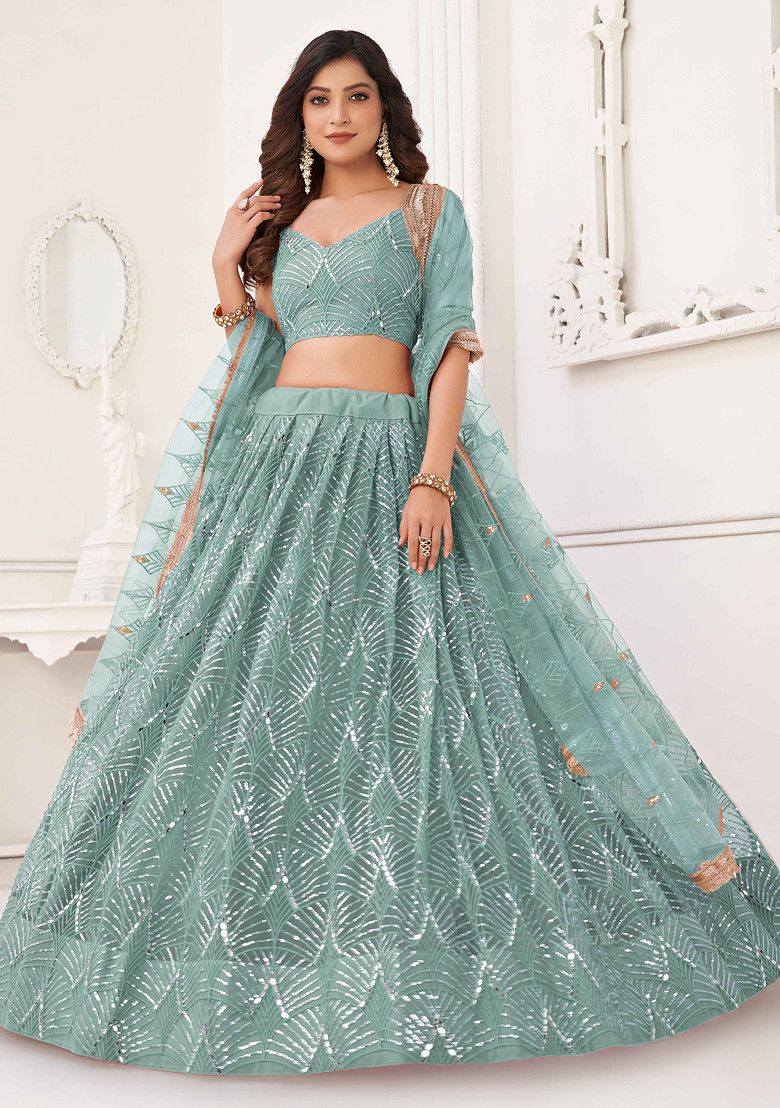 Ocean Blue Thread Sequin Embroidered Net Lehenga