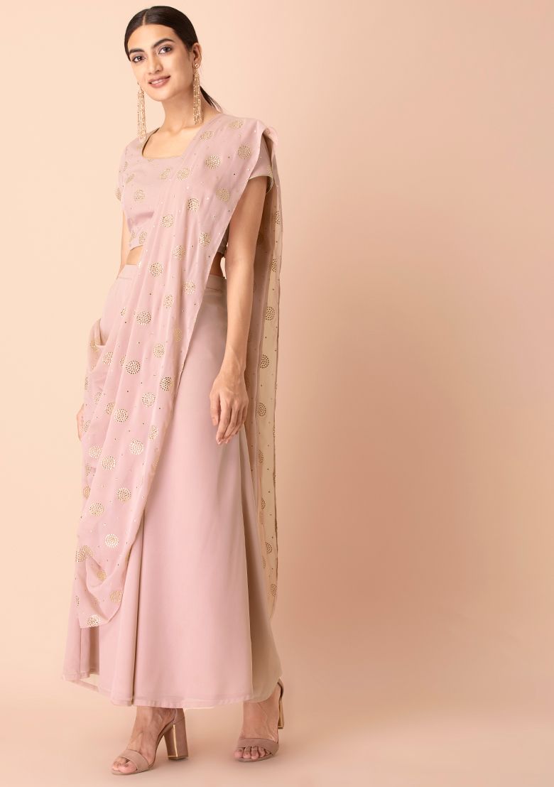 Blush Foil Palazzo Pants with Attached Dupatta