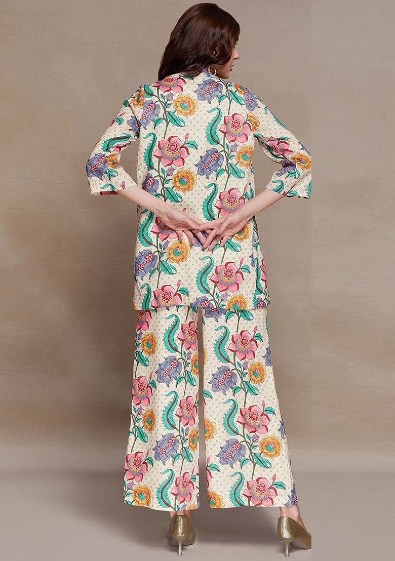 Beige Printed Poly Blend Fusion Set