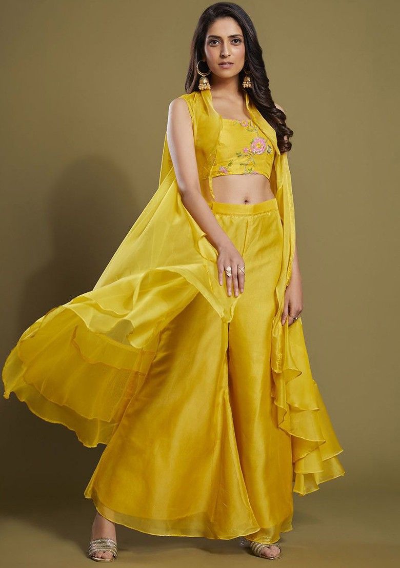 Green Thread Mirror Embellished Georgette Sharara Set