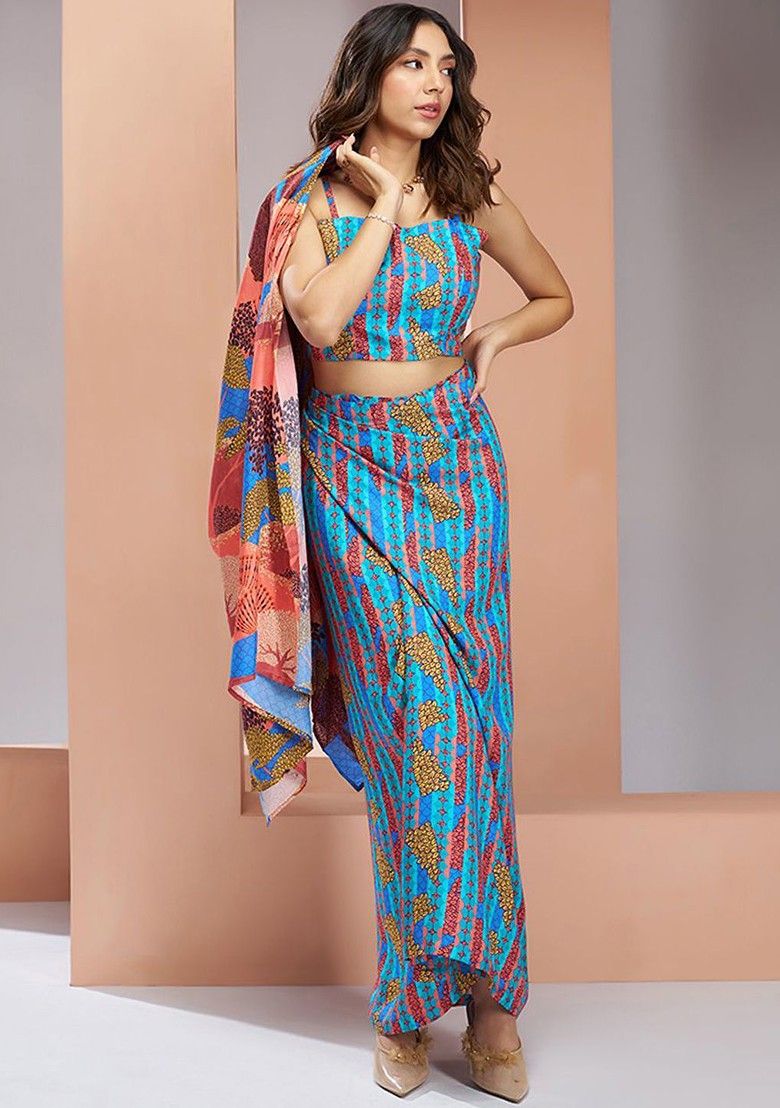 Orange Jacket Set With Printed Blouse And Pants