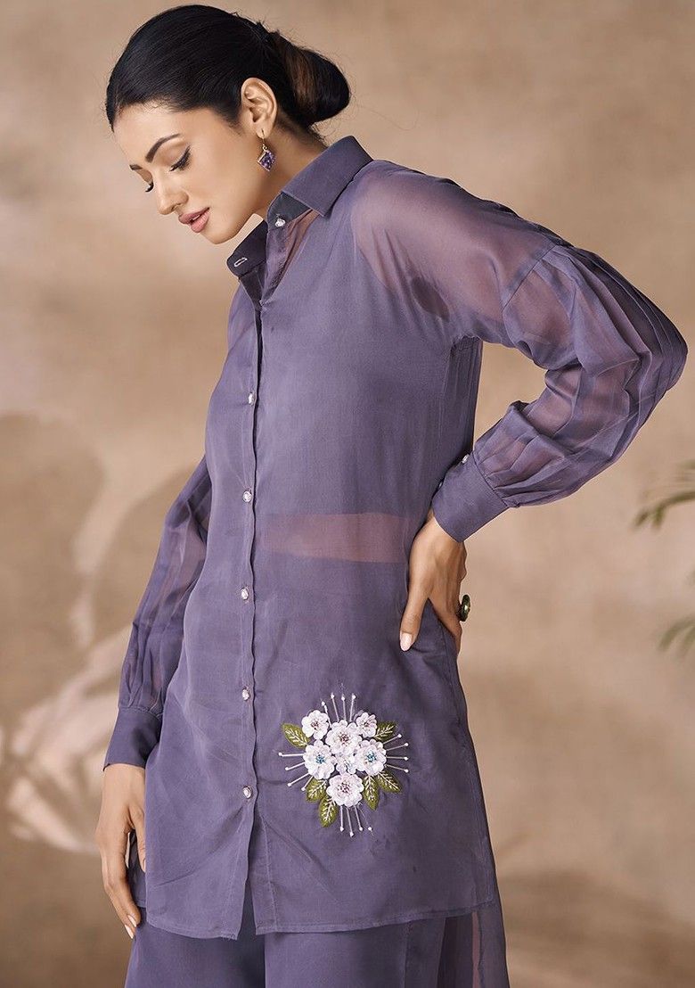 Grey Embroidered Poly Blend Fusion Set