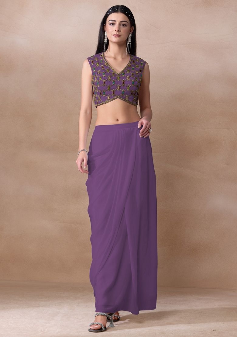 Bright Purple Bead Embellished Georgette Draped Skirt Set