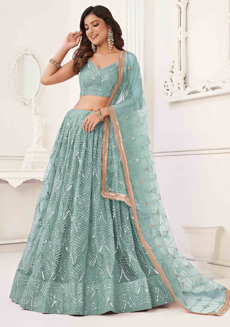Ocean Blue Thread Sequin Embroidered Net Lehenga