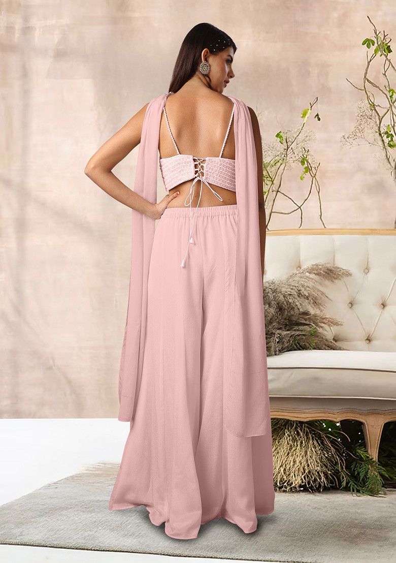 Peach Palazzo Set With Hand Embroidered Blouse And Dupatta
