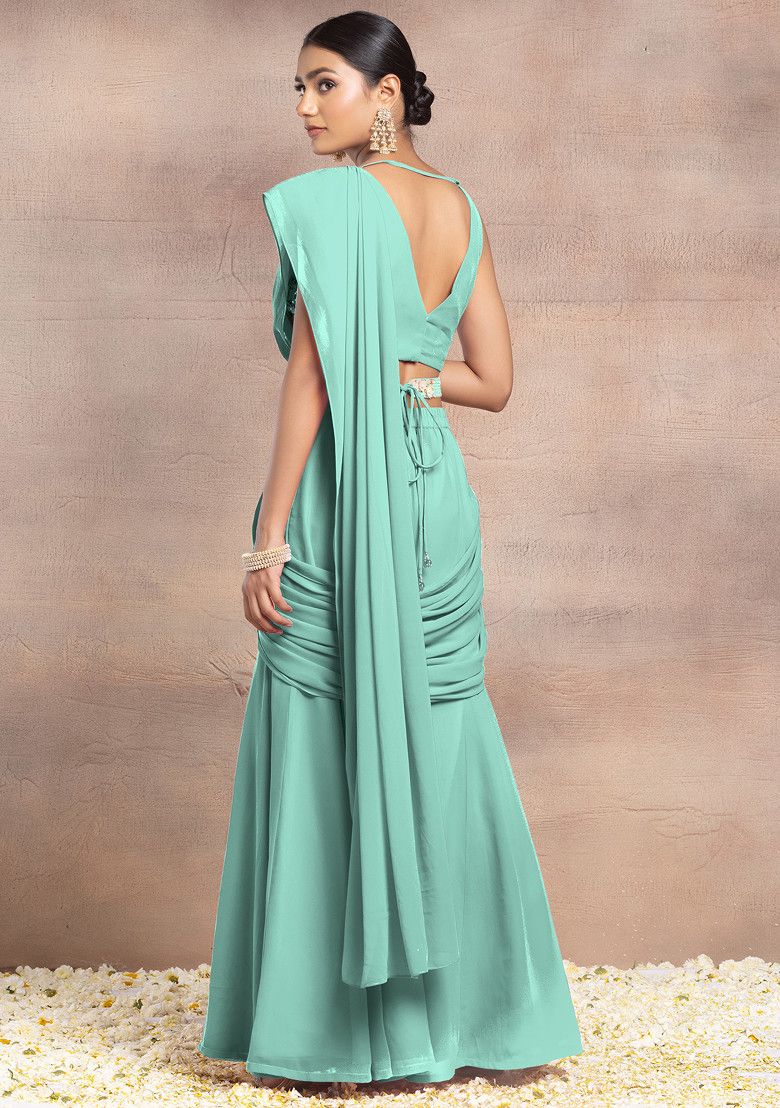 Sea Blue Draped Palazzo Set With Sequin Hand Embroidered Blouse And Belt