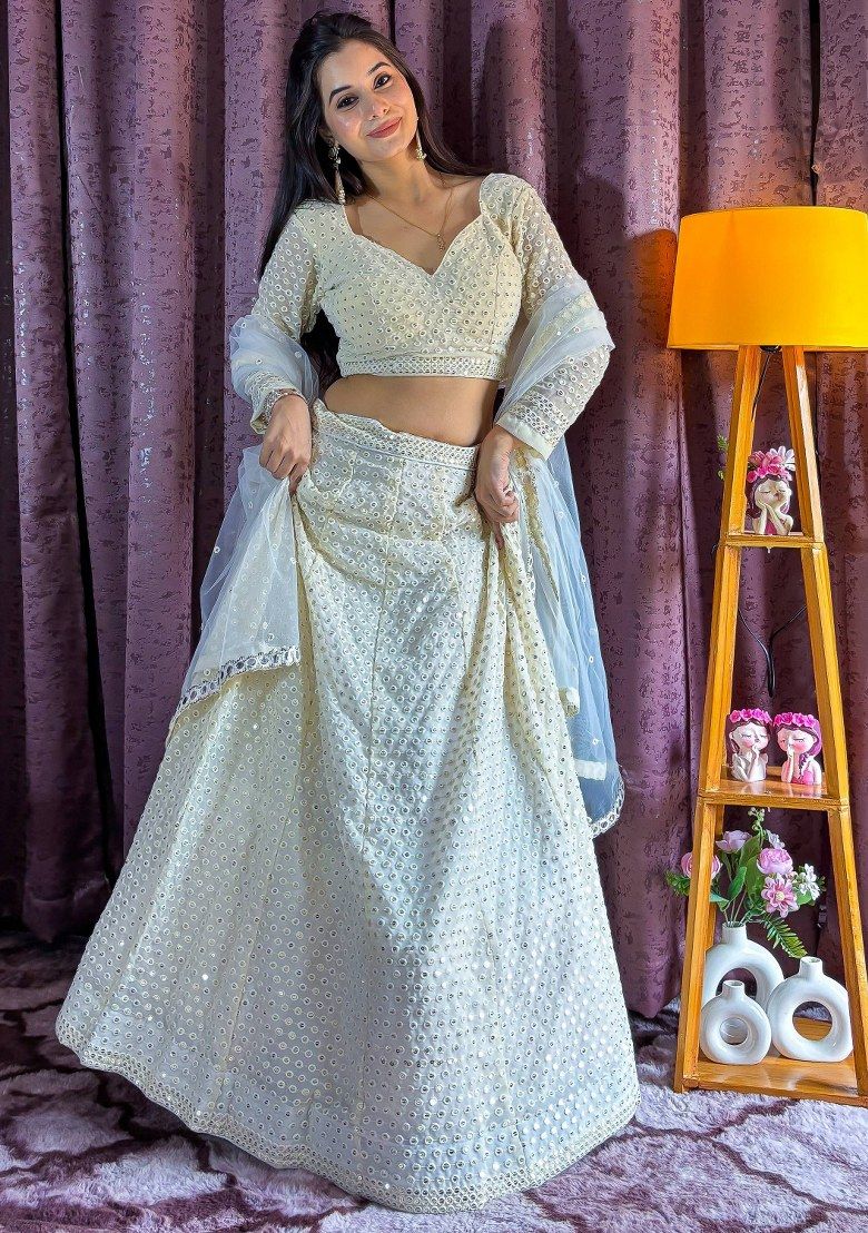 Off White Embroidered Georgette Lehenga Set With Dupatta