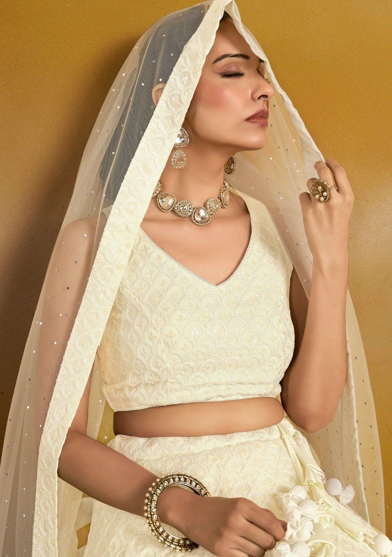 Off White Embroidered Georgette Lehenga Set With Dupatta
