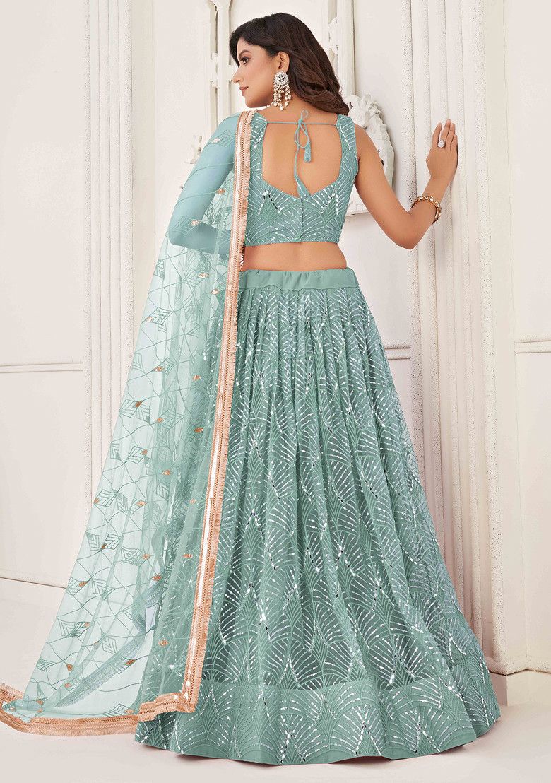 Ocean Blue Thread Sequin Embroidered Net Lehenga