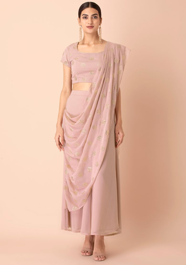 Blush Foil Palazzo Pants with Attached Dupatta