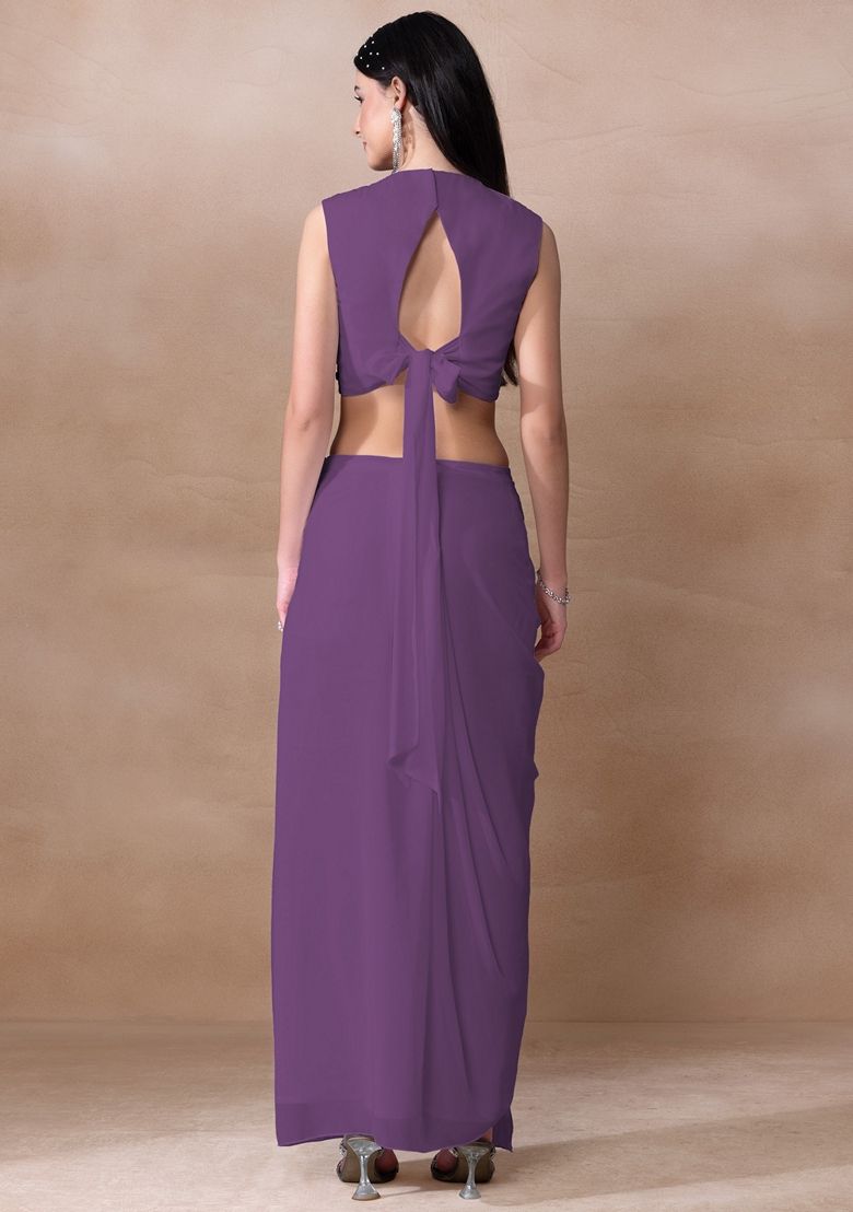 Bright Purple Bead Embellished Georgette Draped Skirt Set