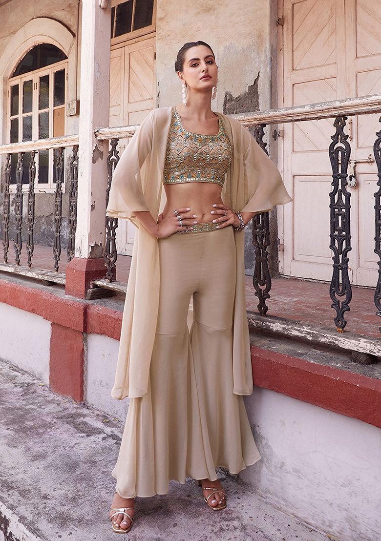 Chiku Brown Thread Embroidered Georgette Jacket Set