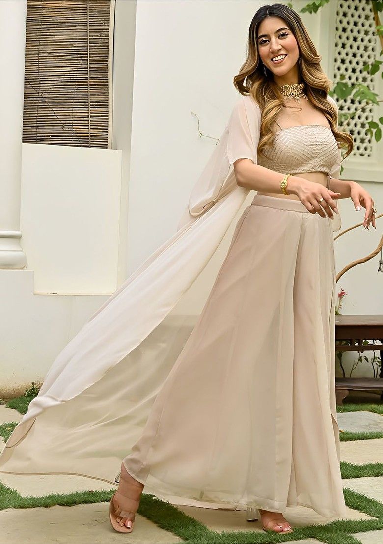 Beige Embllished Poly Blend Fusion Set