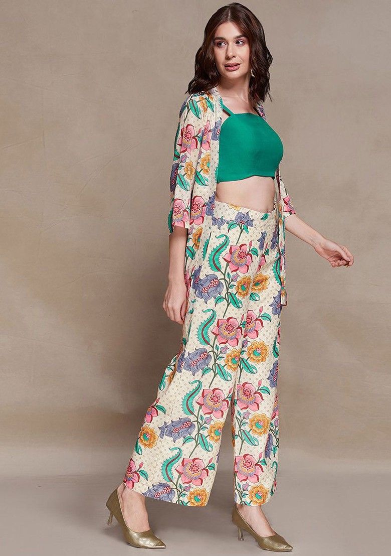 Beige Printed Poly Blend Fusion Set