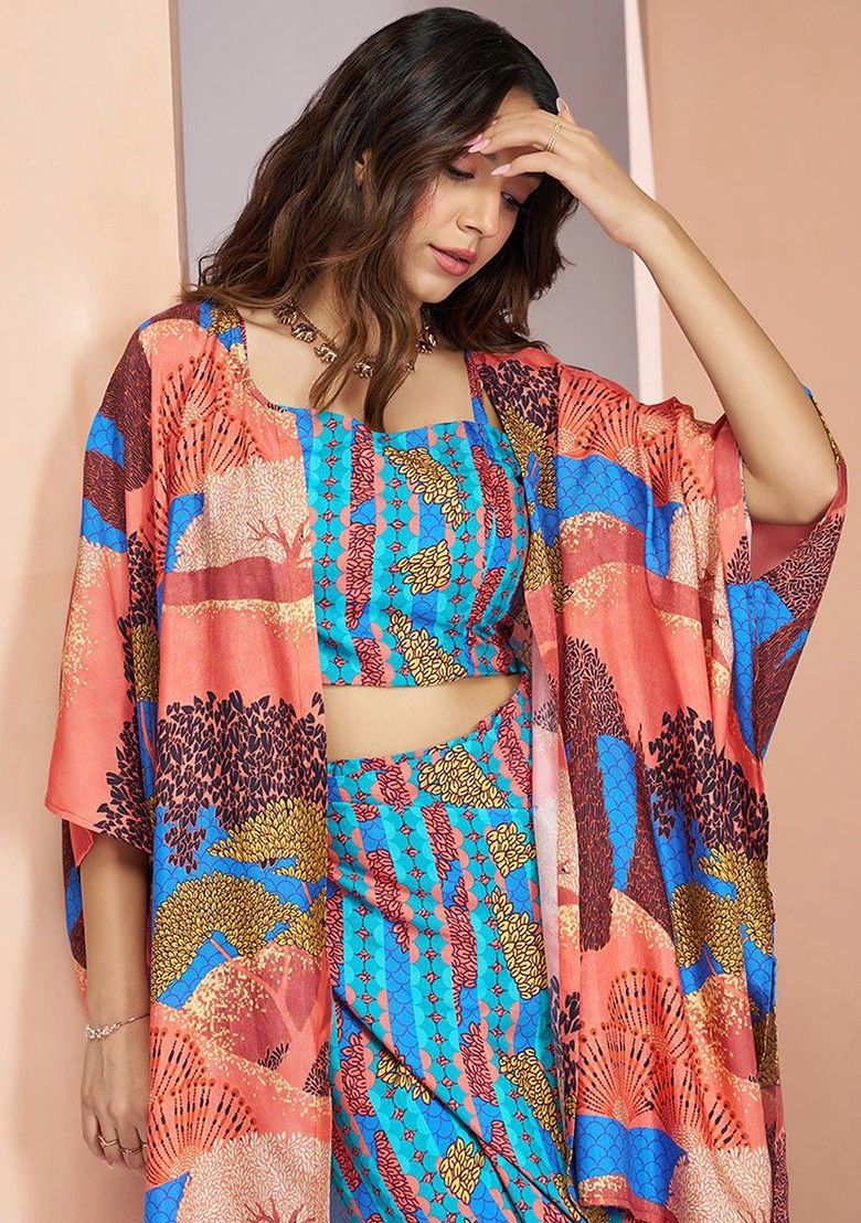 Orange Jacket Set With Printed Blouse And Pants