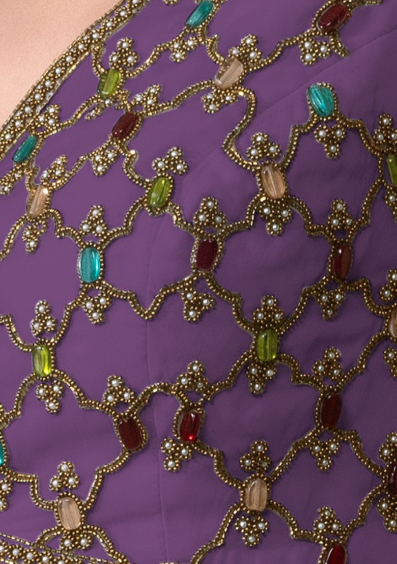 Bright Purple Bead Embellished Georgette Draped Skirt Set