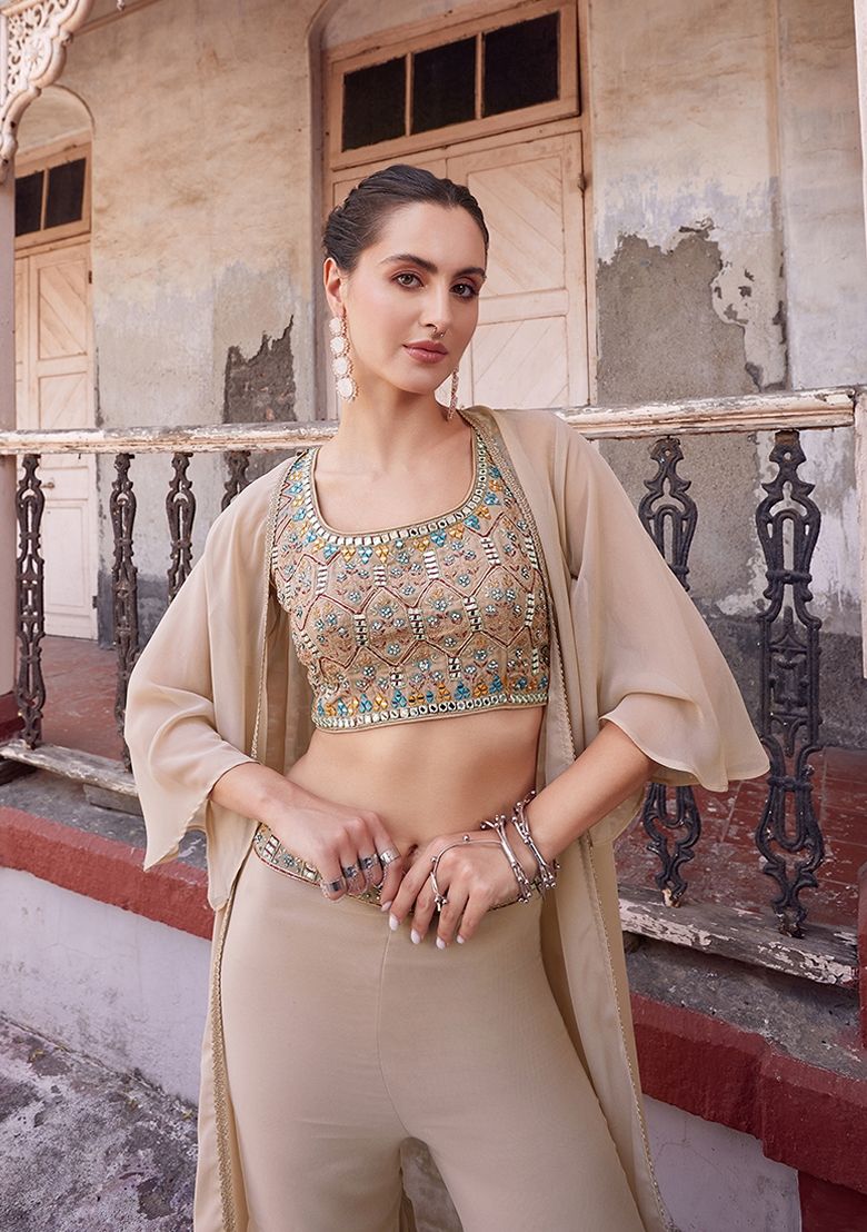 Chiku Brown Thread Embroidered Georgette Jacket Set