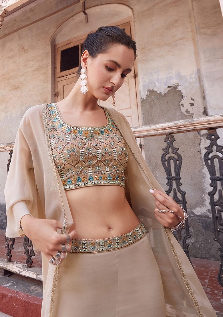 Chiku Brown Thread Embroidered Georgette Jacket Set