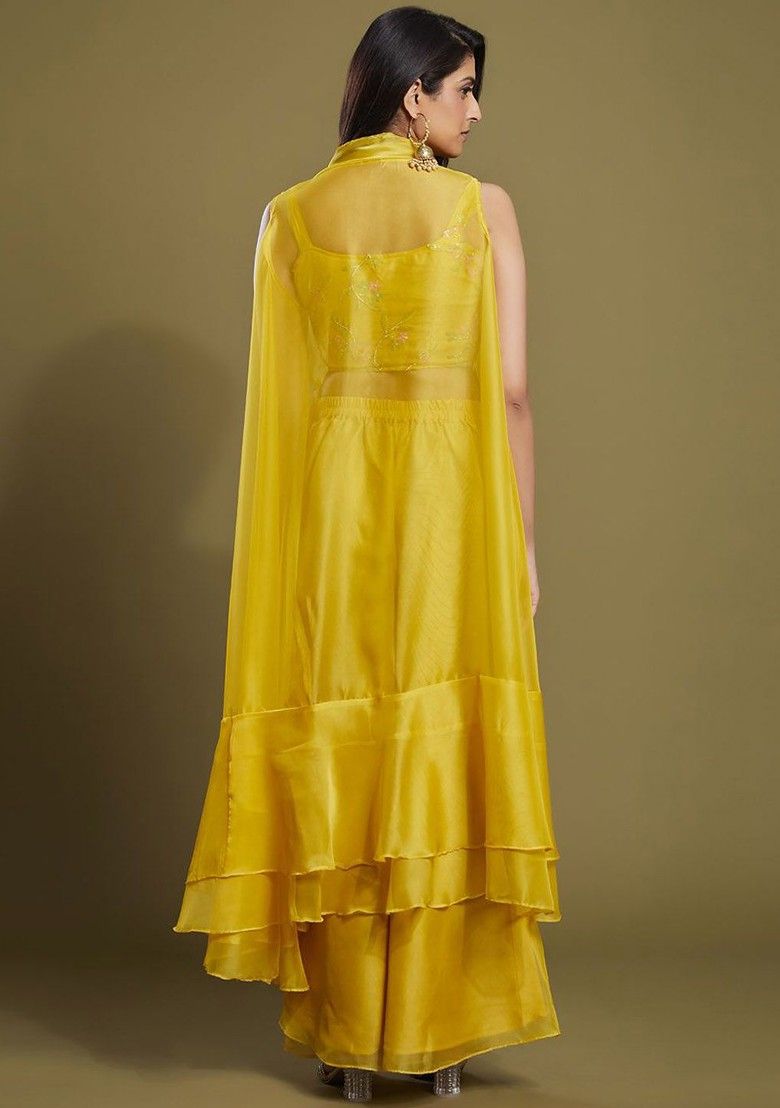 Green Thread Mirror Embellished Georgette Sharara Set