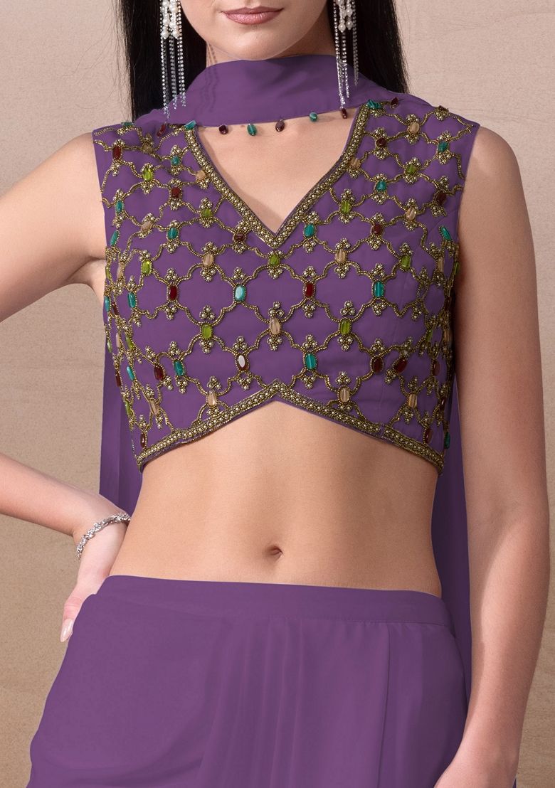 Bright Purple Bead Embellished Georgette Draped Skirt Set