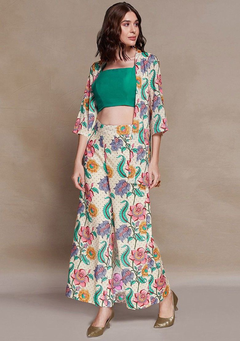 Beige Printed Poly Blend Fusion Set