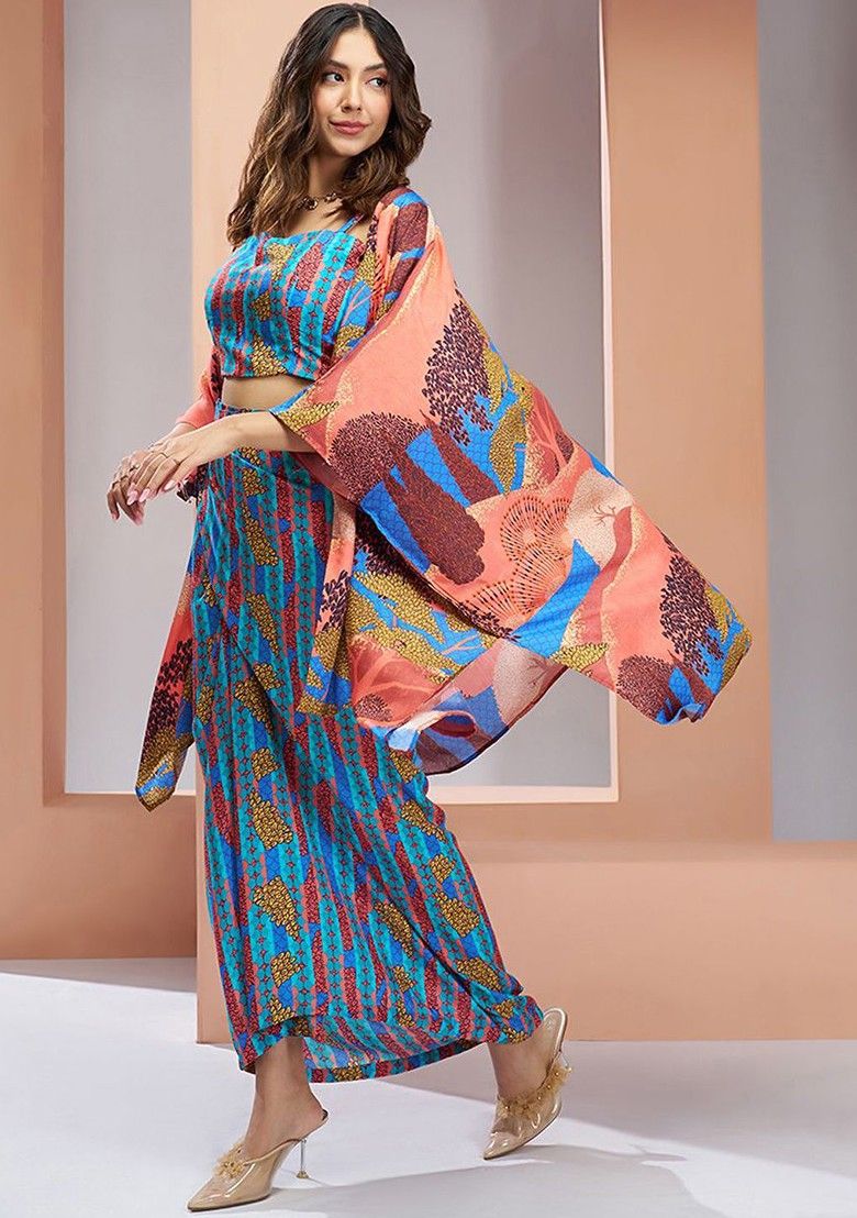 Orange Jacket Set With Printed Blouse And Pants