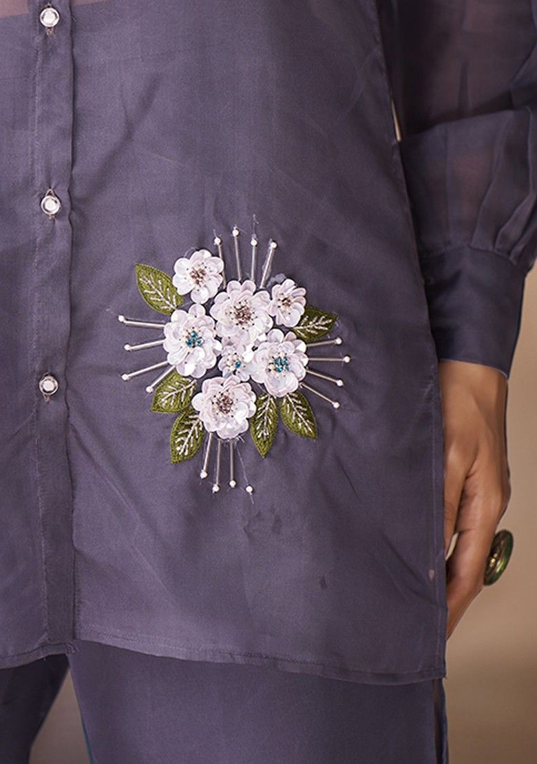 Grey Embroidered Poly Blend Fusion Set