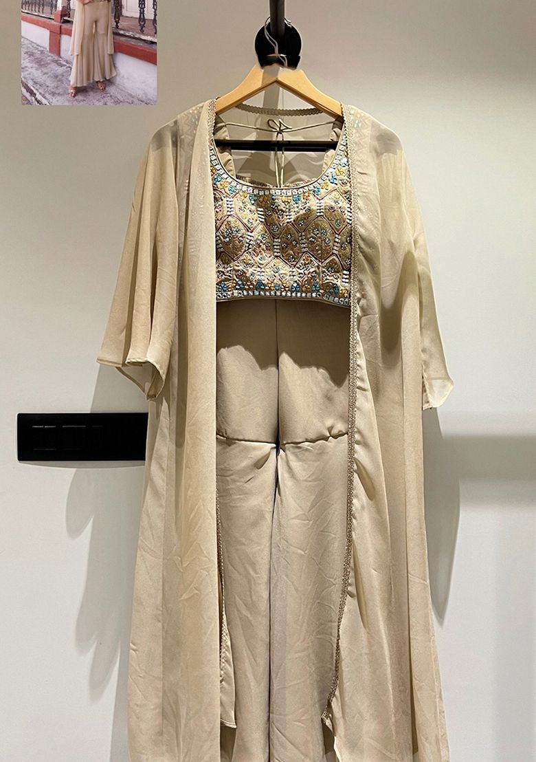 Chiku Brown Thread Embroidered Georgette Jacket Set