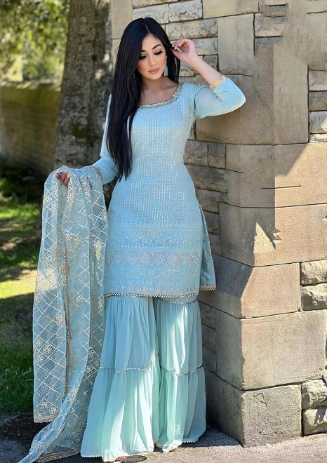 Sky Blue Zari Embroidered Georgette Kurta Set
