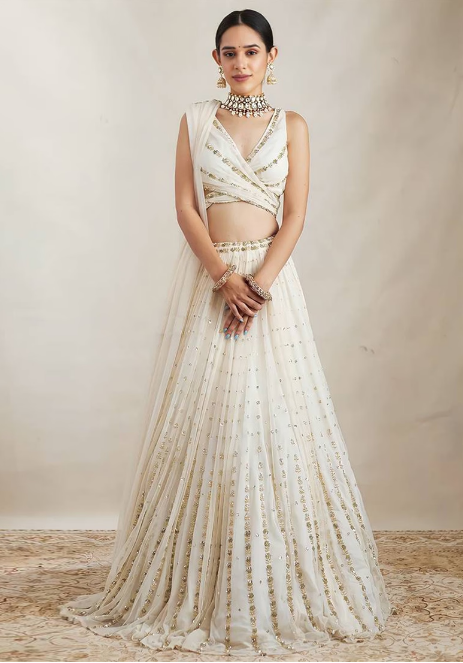 Off White Zari Embroidered Georgette Lehenga Set