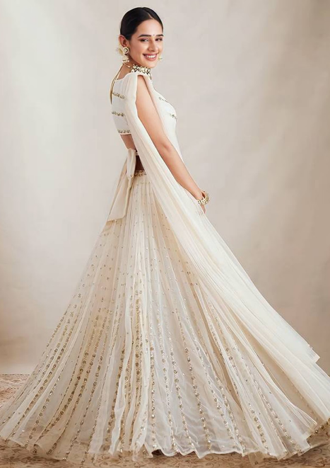 Off White Zari Embroidered Georgette Lehenga Set