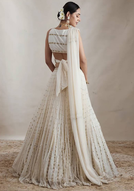 Off White Zari Embroidered Georgette Lehenga Set