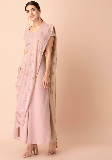 Blush Foil Palazzo Pants with Attached Dupatta