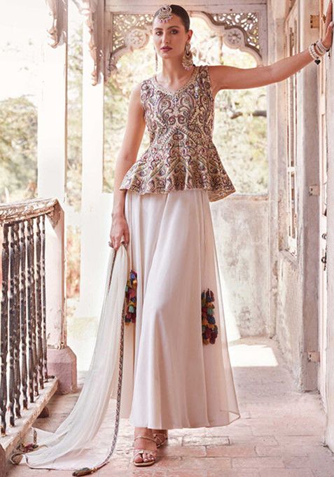 Off White Sequin Zari Embroidered Satin Sharara Set